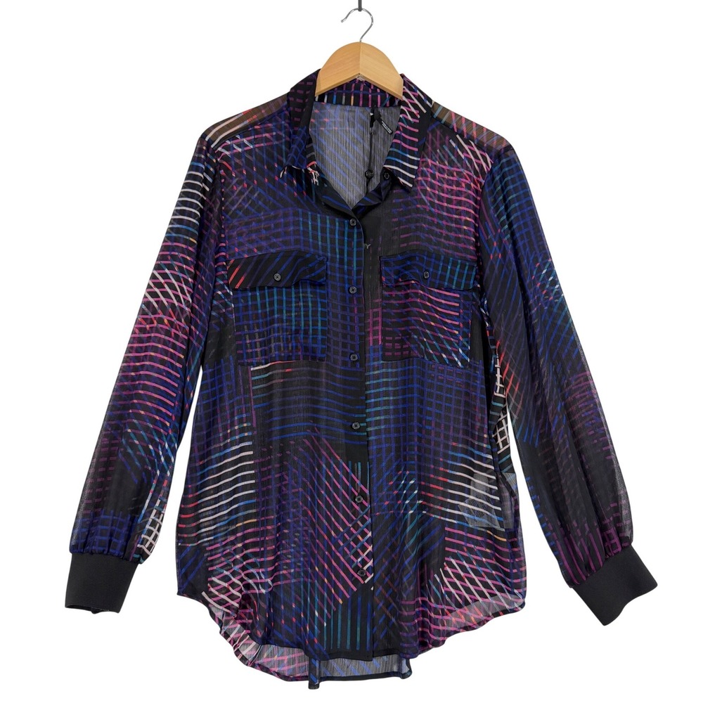 DKNY Button Down Shirt Womens L Black Multi Geometric Sheer Grid P1JM6KOJ